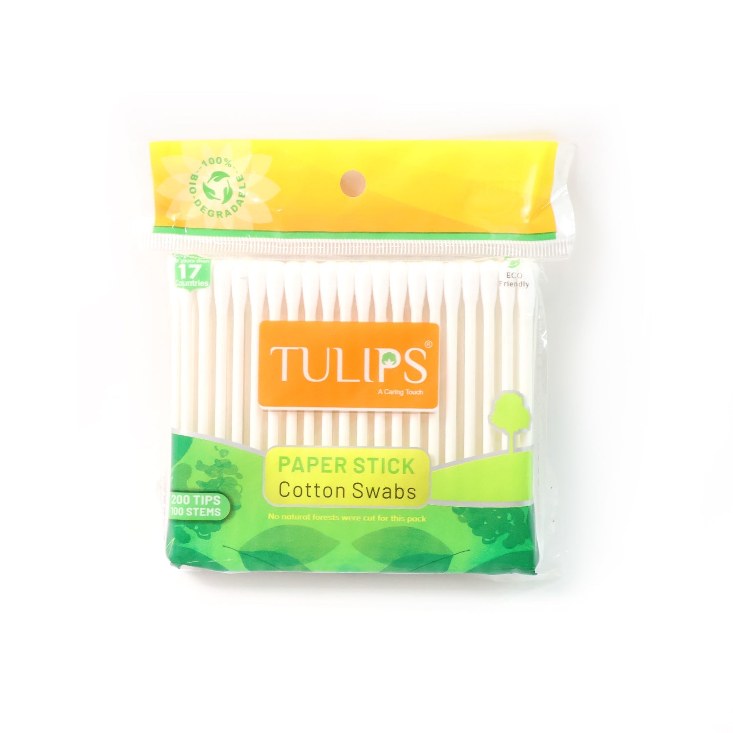 Cotton swabs with paper sticks arranged neatly on flat surface