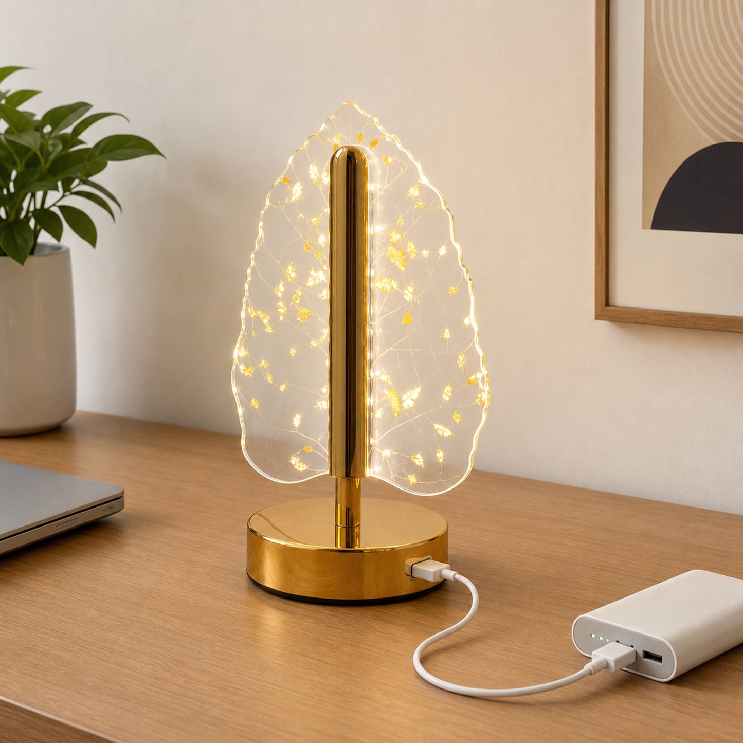Demonstration of USB charging feature on the golden crystal leaf-shaped LED lamp