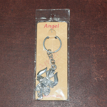 Metal keychain displaying detailed craftsmanship of Trishul and Damru symbols