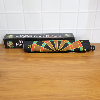 Closed roll-up dartboard in travel tube with included safety darts