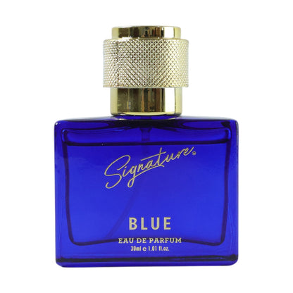 Luxury blue fragrance perfume bottle for men on display
