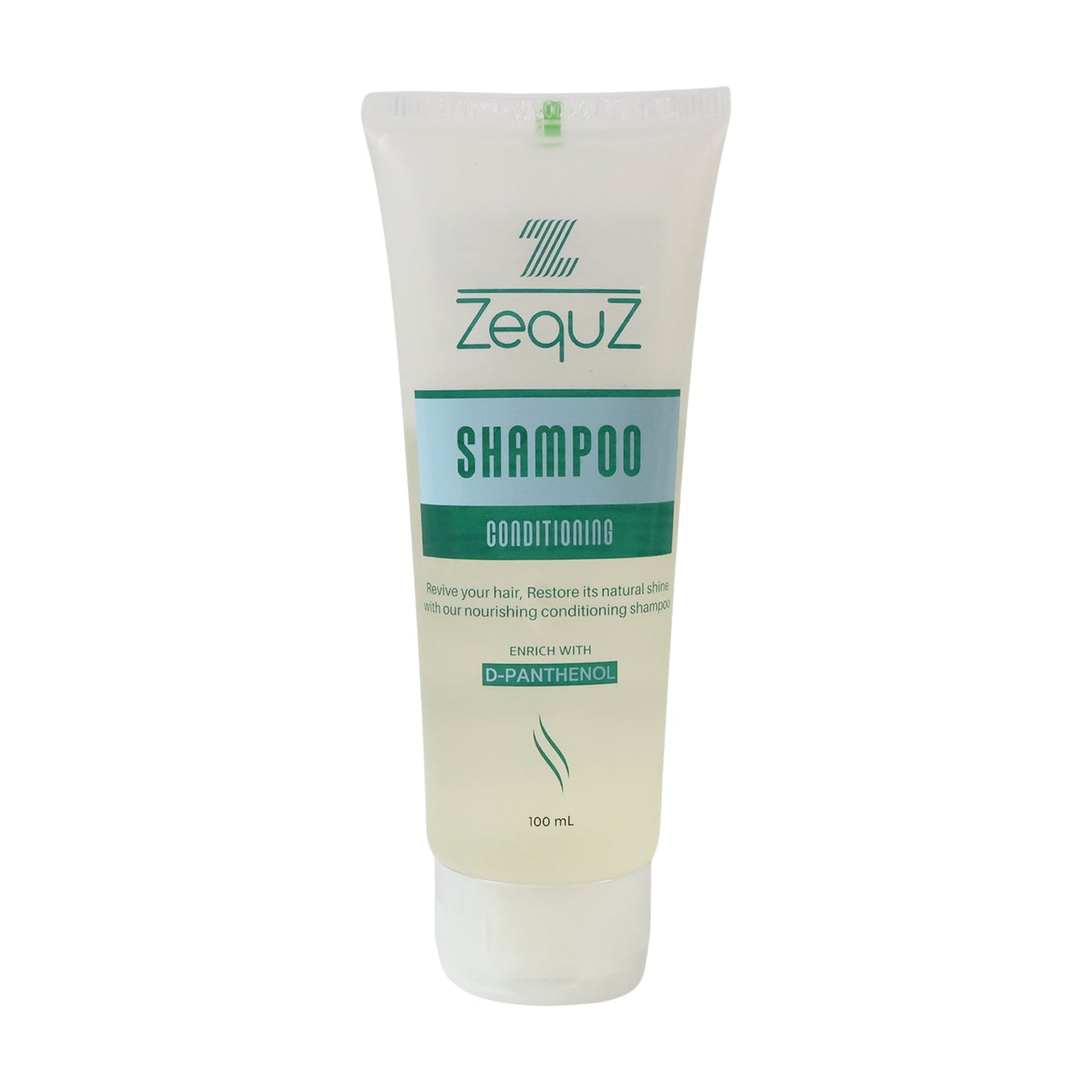 Zequz Conditioning Shampoo branding label highlighting nourishment benefits