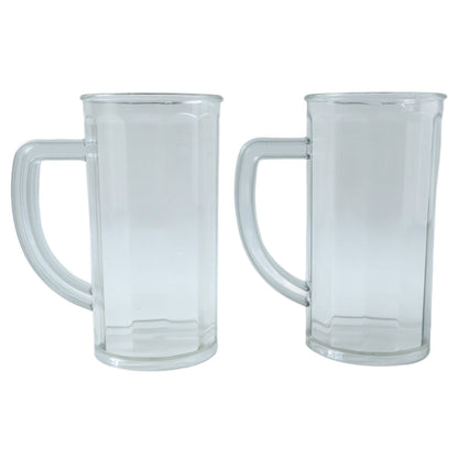 Close-up of transparent plastic drink mug with comfortable handle