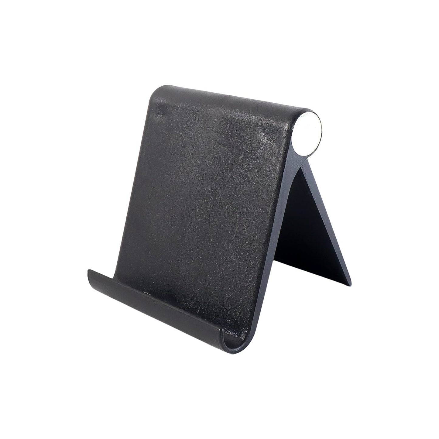 Desktop mobile stand with front lip securely holding smartphone in landscape mode