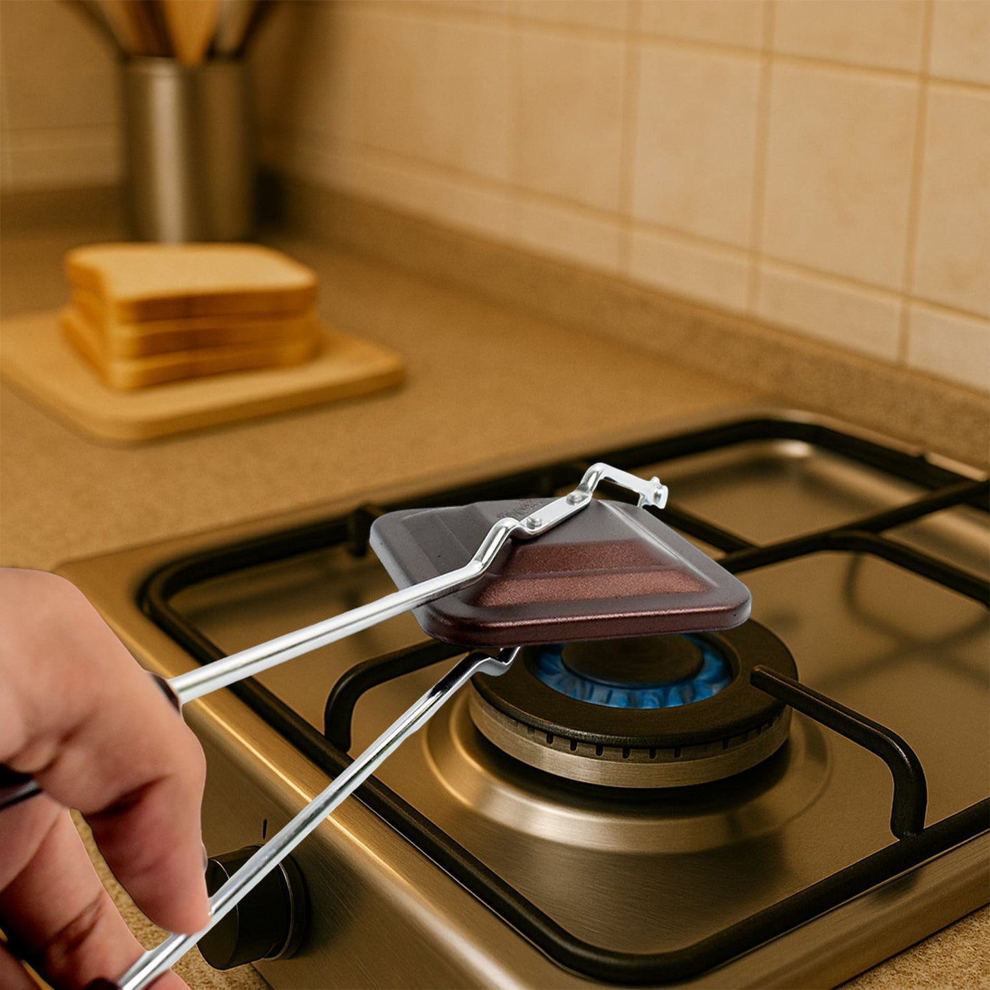 Close-up of heat-resistant handle on gas stove sandwich toaster for safe cooking