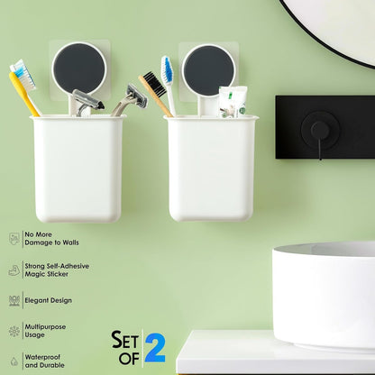Adhesive bathroom organizer cups installed on wall