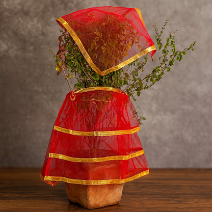 Two-piece tulsi vastra pooja cloth set in vibrant red and gold garment for rituals