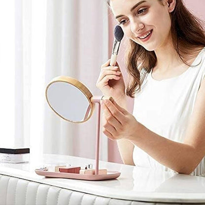 Cosmetic makeup mirror with sturdy tabletop stand and wooden-look frame