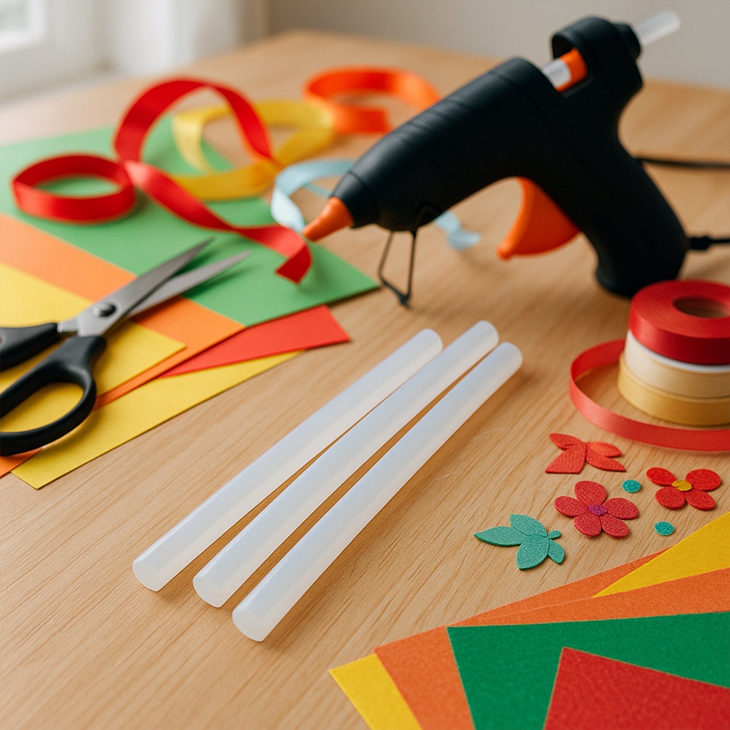 Hot melt glue stick melting inside glue gun for fast application