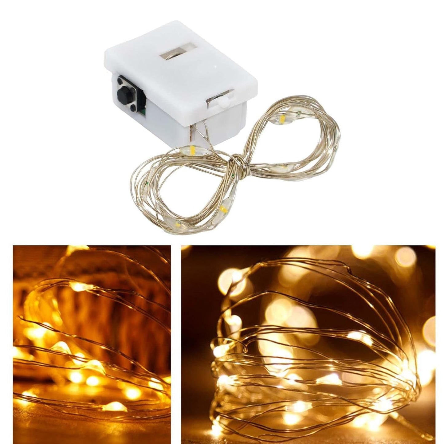 Close-up of battery powered LED fairy lights with copper wire glowing warmly