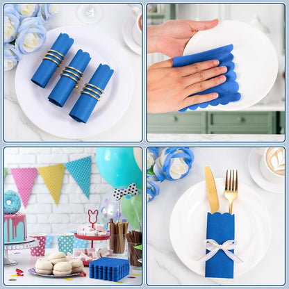 Stack of 120 royal blue scalloped paper napkins ready for party