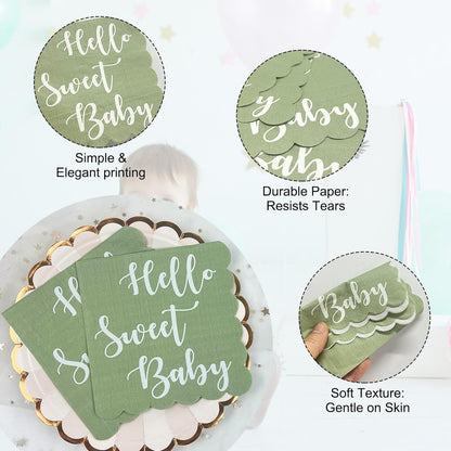 Disposable paper napkin set in mint green with Hello Sweet Baby design for celebrations