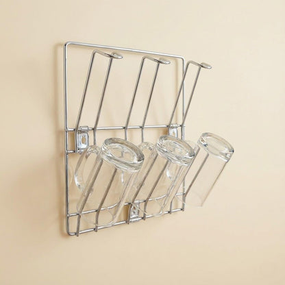 Wall-mounted stainless steel cup rack holding multiple drinkware