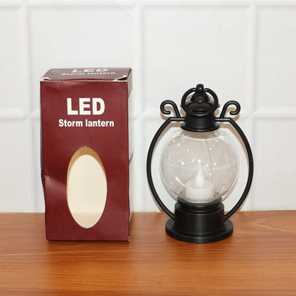 Classic round globe LED storm lantern providing cozy ambient light
