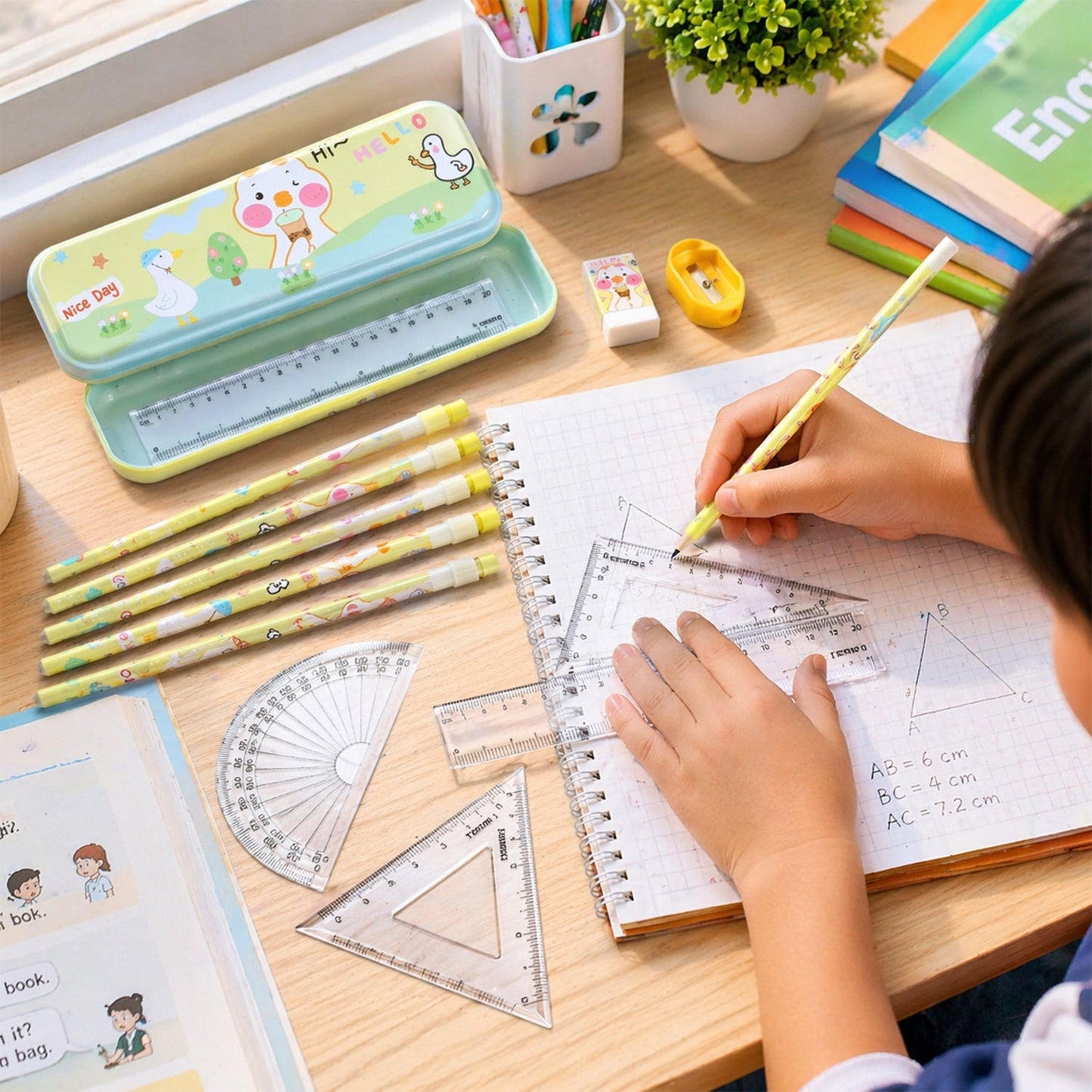 Complete cartoon geometry box kit for kids with rulers, protractor, and pencils
