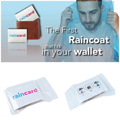 Person wearing waterproof emergency raincoat card outdoors in the rain