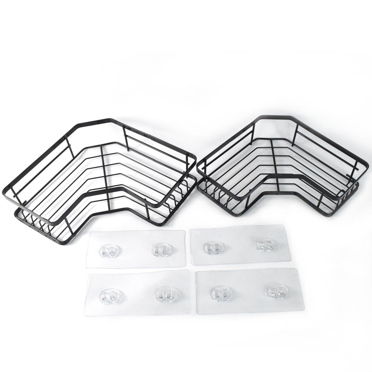 Two-piece stainless steel corner shelf organizer with black iron coating mounted on bathroom wall