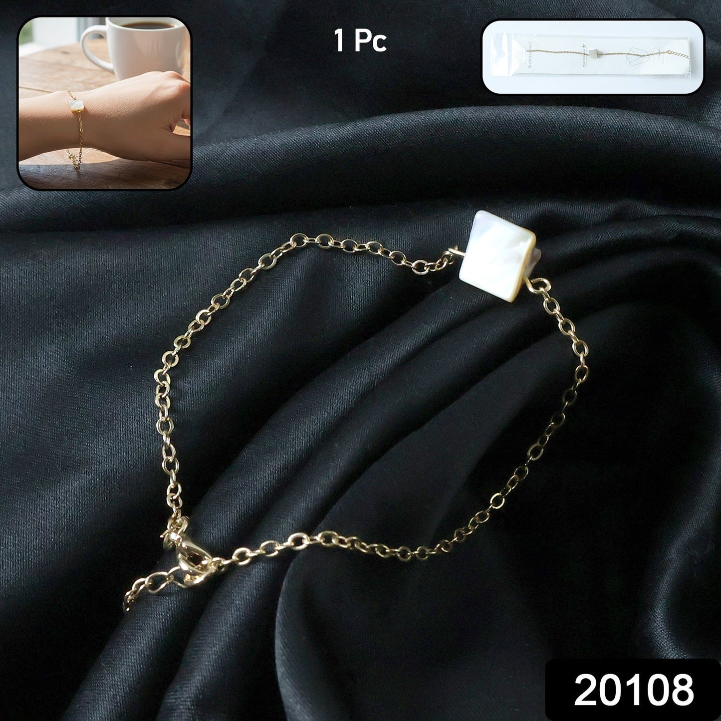 Adjustable chain bracelet worn on wrist showcasing minimalist square stone charm