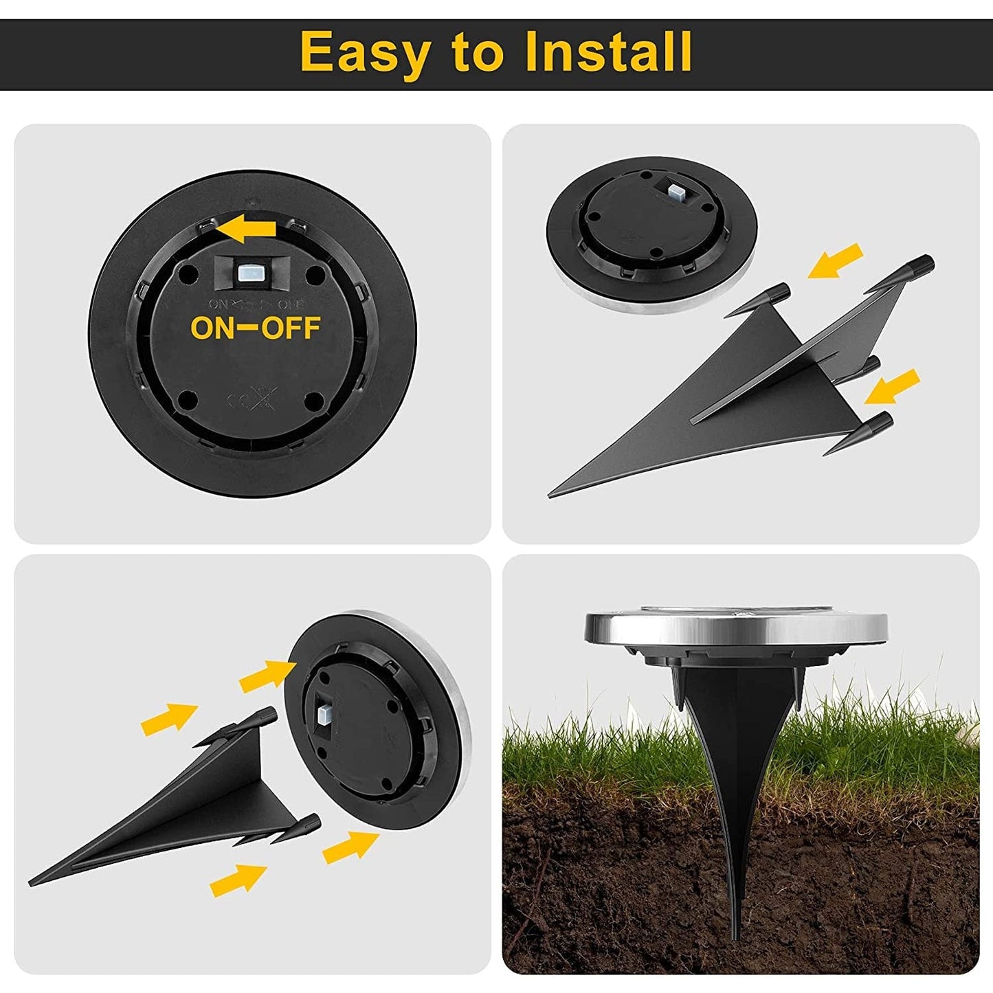 Stainless steel solar powered LED light inserted into grassy outdoor lawn with ground stake