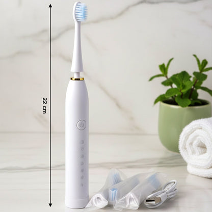 Close-up front view of electric toothbrush with ergonomic handle