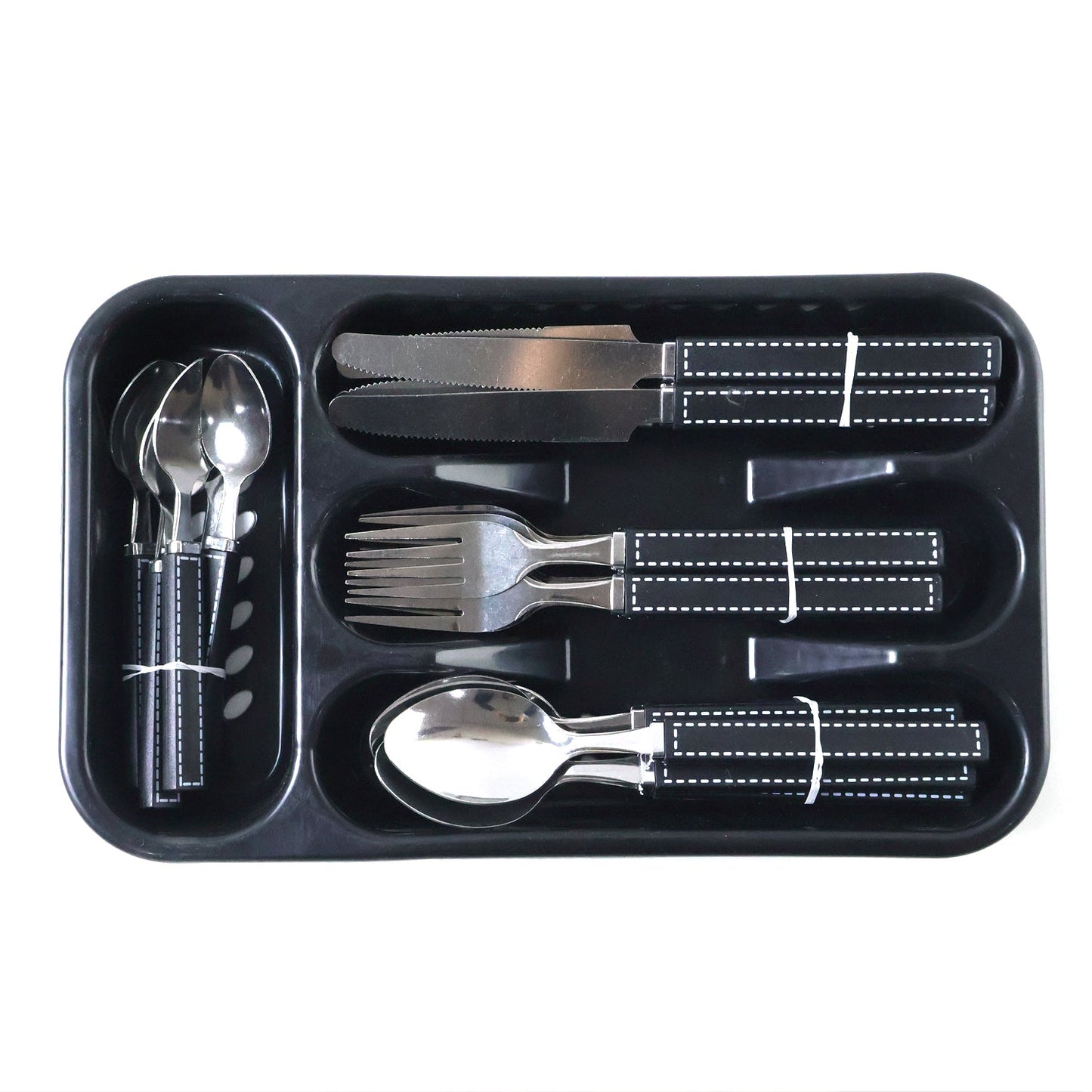 Organized stainless steel cutlery set with plastic grip handles in tray