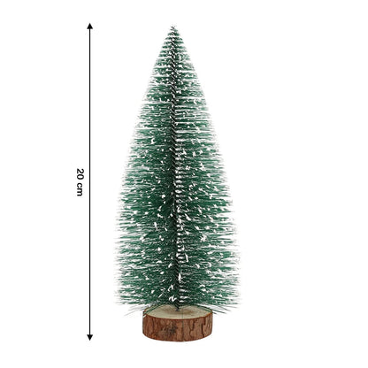 Festive tabletop mini Christmas tree with snow effect and natural wooden stand