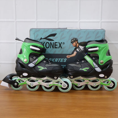 Adjustable inline skates on pavement demonstrating smooth ride quality