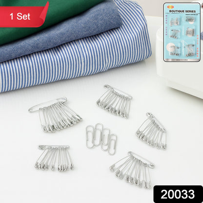 Close-up view of strong stainless steel safety pins in assorted sizes