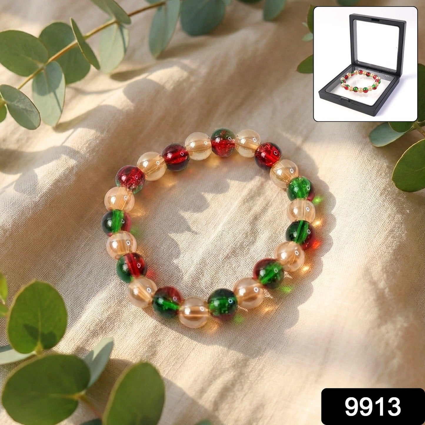 Elastic multicolor bead bracelet displayed in a jewellery box, perfect for gifting