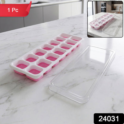 Pink 14-grid plastic ice cube tray with lid for freezer