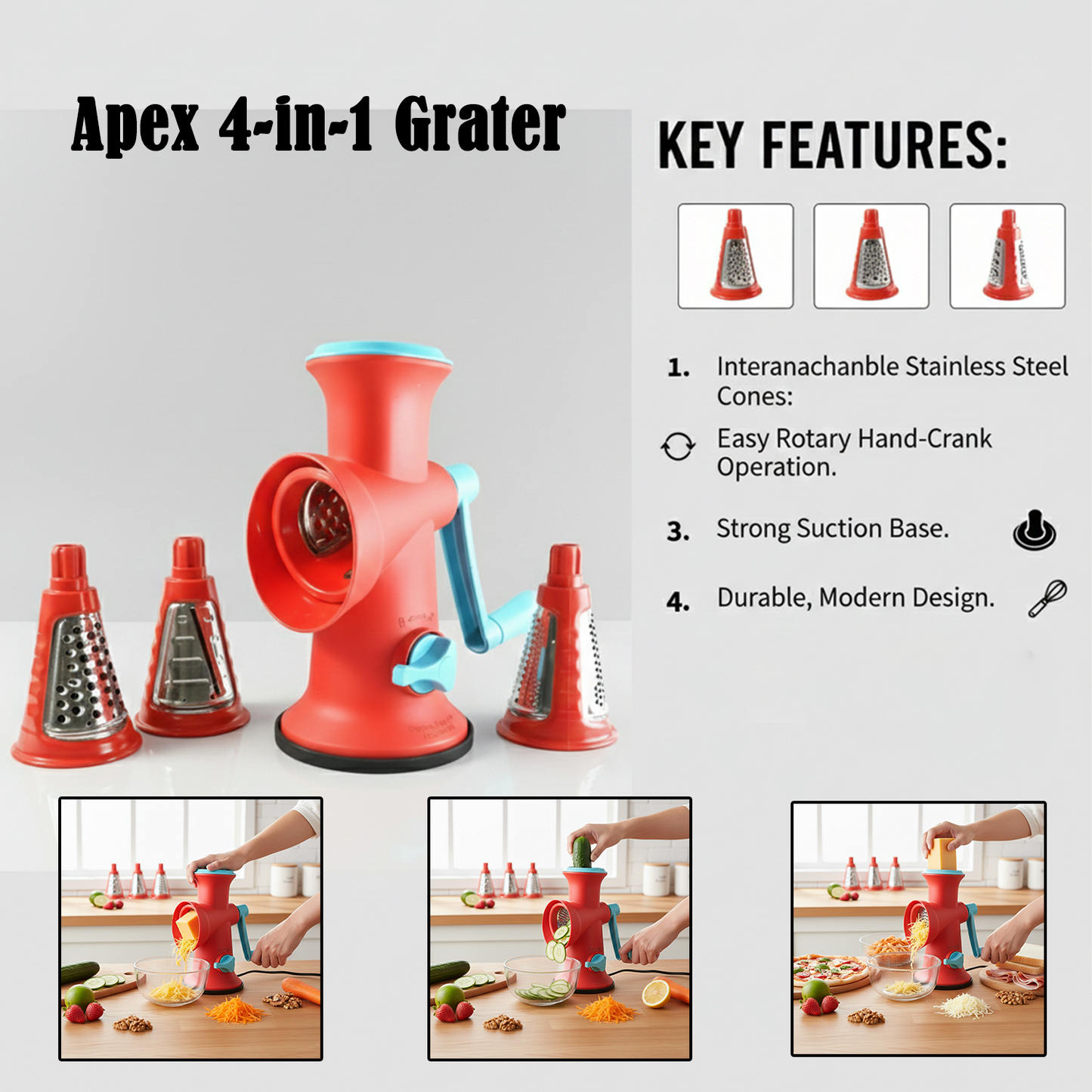 Apex 4 in 1 signature rotary grater with hand crank and safety design