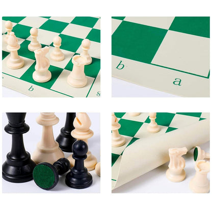Plastic chess pieces set included with compact foldable vinyl chessboard