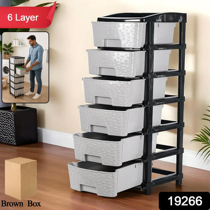 6-layer plastic drawer organizer cabinet with granite style stone textured drawers and black frame