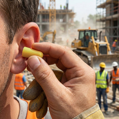 Close-up view of a single soft foam noise reduction ear plug