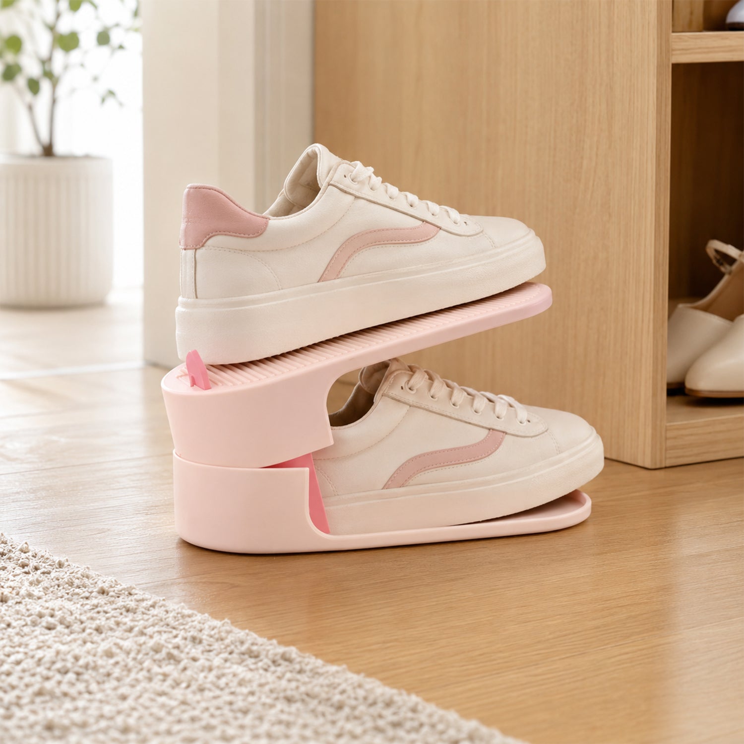 Stackable shoe organizer placed in home entryway