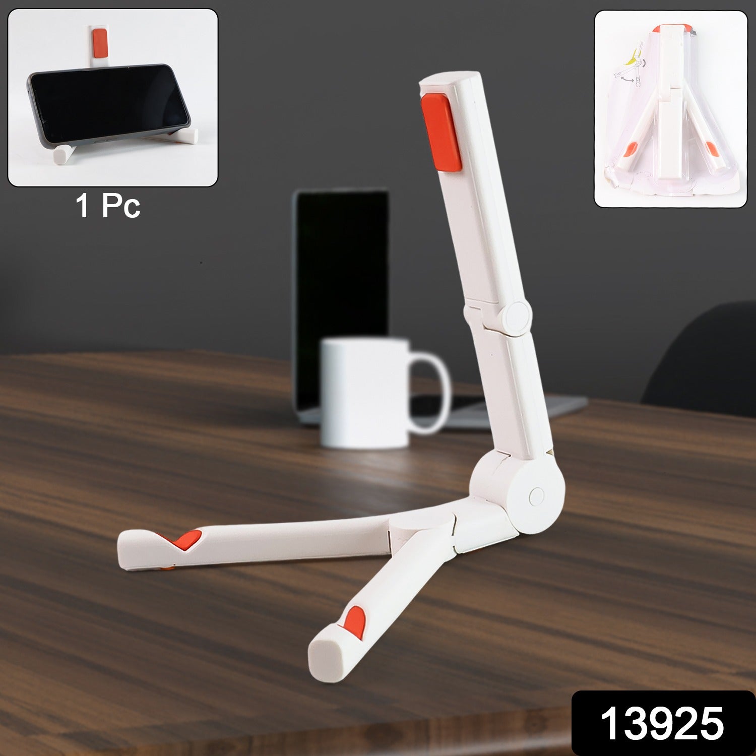 Portable desk stand holding a mobile phone and tablet securely with foldable design.