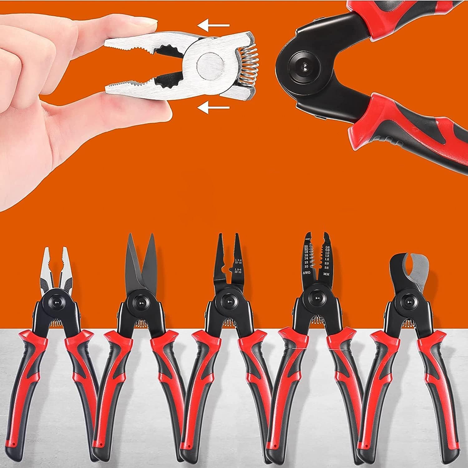 Compact 5-in-1 wire stripper pliers set featuring ergonomic soft rubber handles