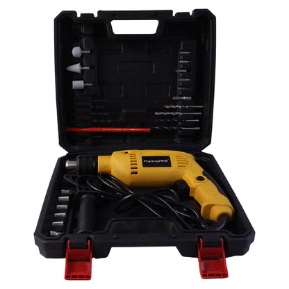 Drill machine kit carried in durable case with accessories