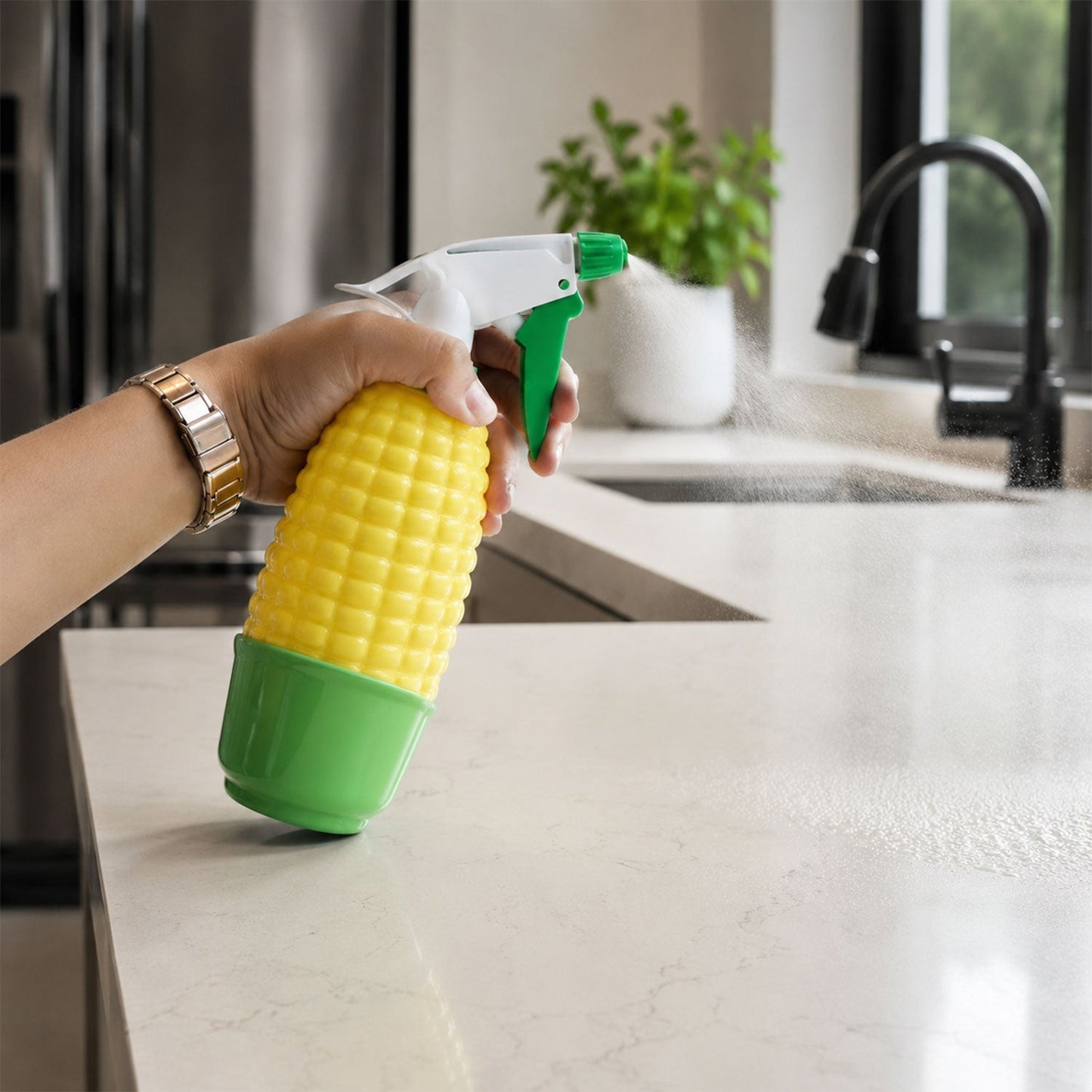 Decorative corn-shaped spray bottle used for watering indoor plants.