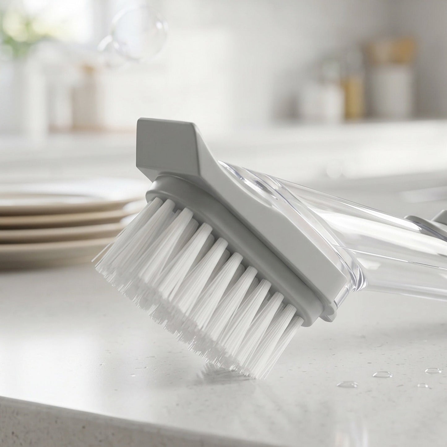 Close-up of tough bristles on dish scrub brush