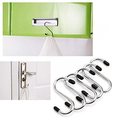 Heavy-duty stainless steel S-hooks organized on a surface.