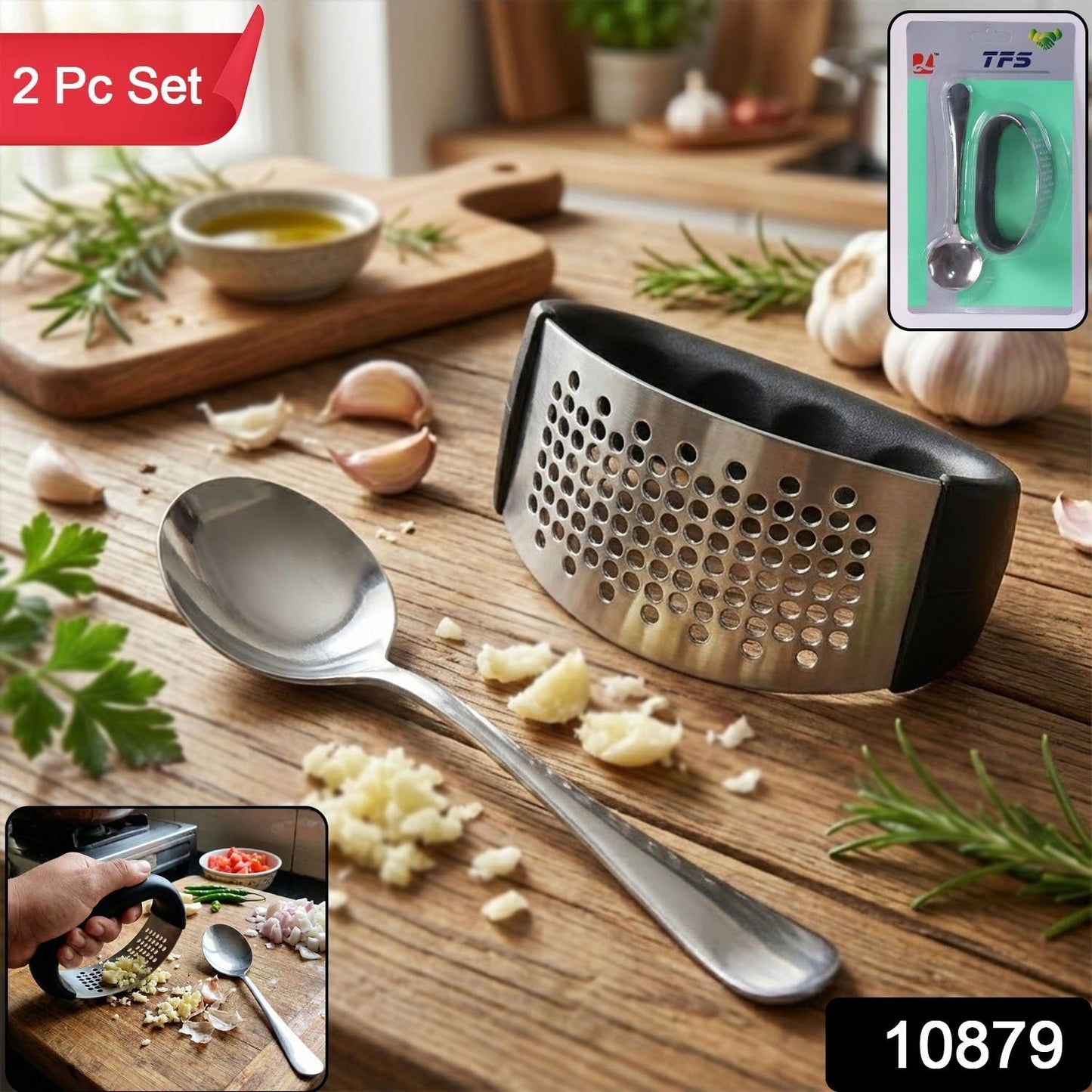 Stainless steel precision spoon included in garlic press set