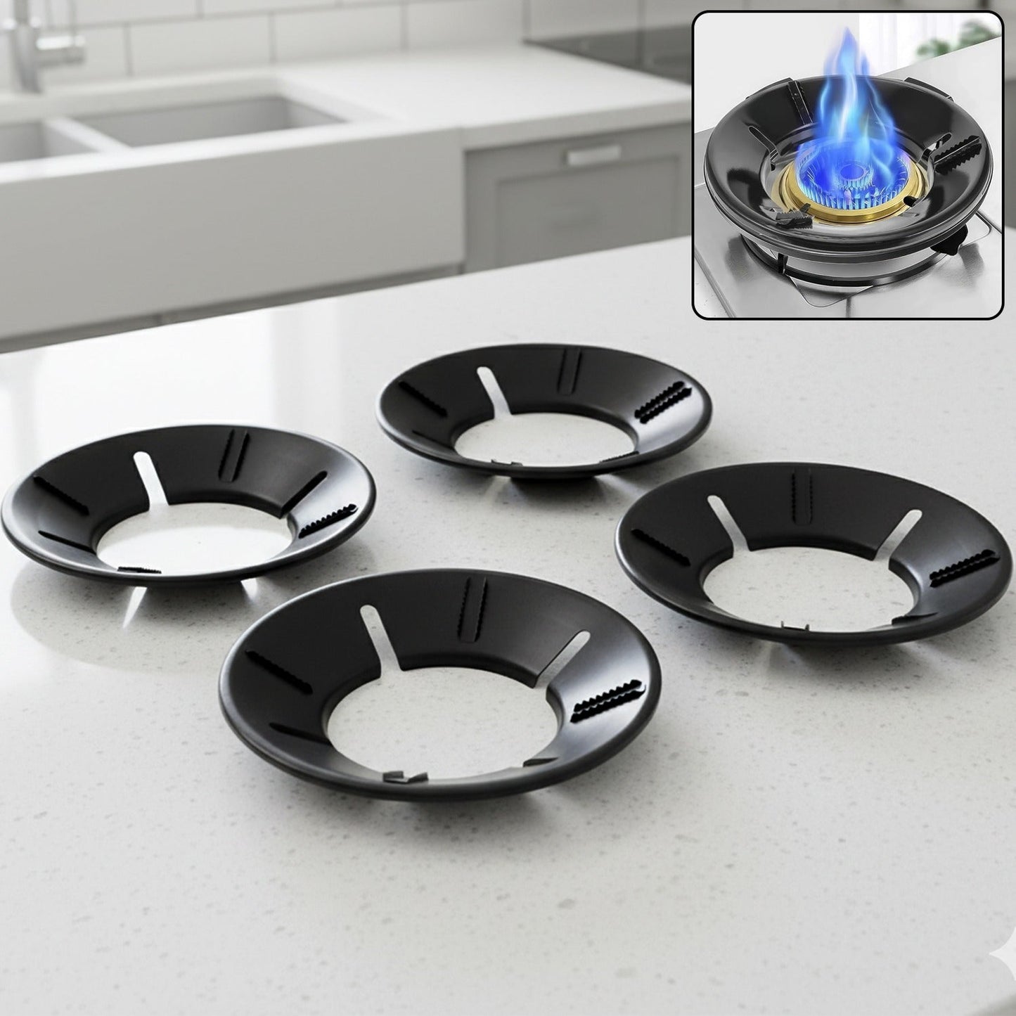 Four-piece gas stove flame protector ring set for standard burners