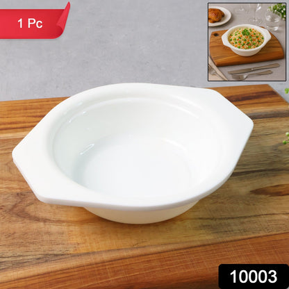 Multi-purpose plastic serving bowl showing easy-grip side tabs and wide rim