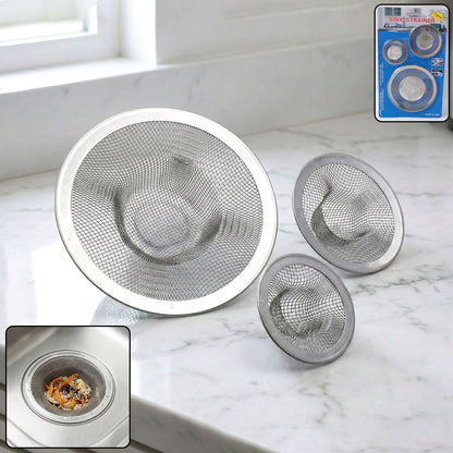Set of three stainless steel sink drain strainers with fine mesh design