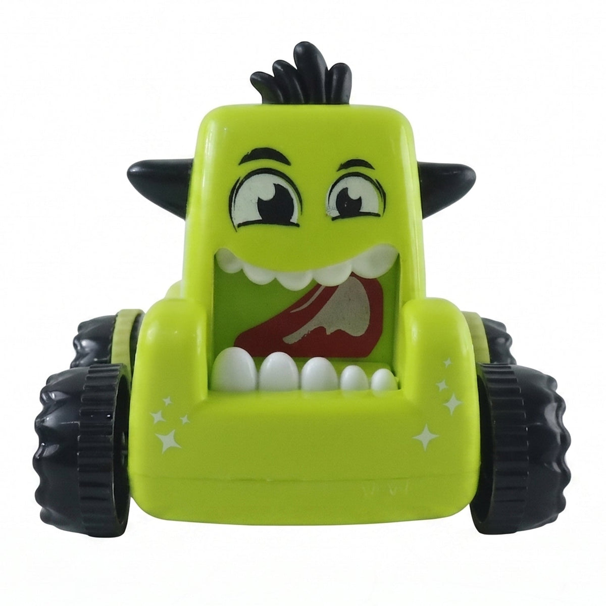Yellow cartoon monster mini car toy on white background