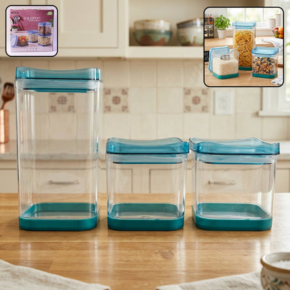 Clear plastic airtight containers filled with rice, pasta, and dry groceries