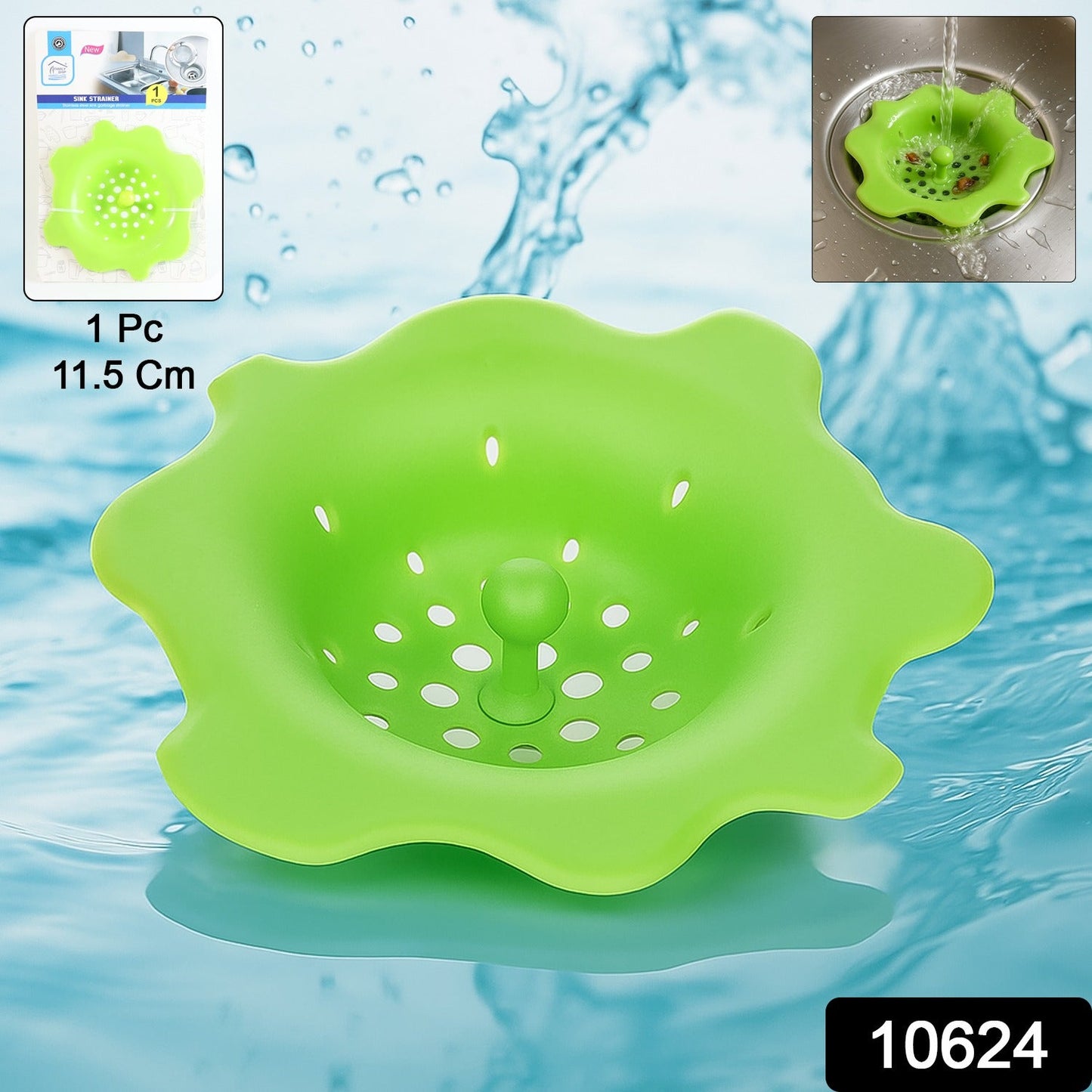Silicone sink drain hair catcher placed in a kitchen sink to prevent clogging.