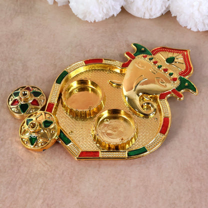 Ganesh Kumkum Box showing twin round containers with lids