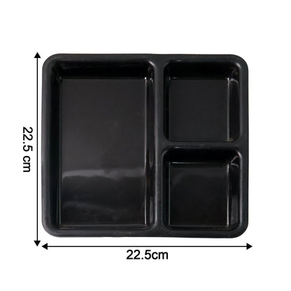 Durable plastic serving tray featuring raised rim to minimize spills